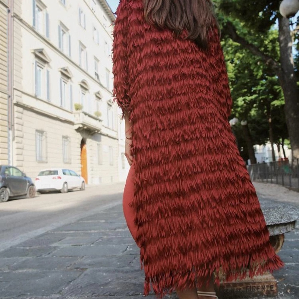Zara Rust Red Textured Fringe Long Cape Coat - Picture 8 of 9